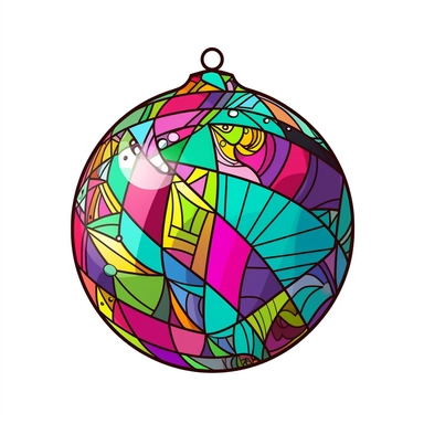 colourful christmas ball Ornament illustration, cartoon clipart style, thin black outline, Vector style illustration, Decal Cut, Clear and Clean image, white Background, 8k, full hd