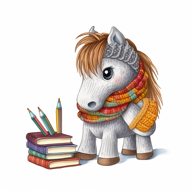 super-cute knitted baby Horse with backpack and student book, knitted style, Perfect for nursery art and children's book illustration style, simple, cute, full color, clipart, watercolor illustration, single object, high definition 8k, white background for removing background
