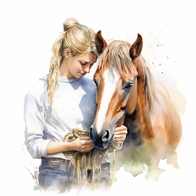 close up view realistic watercolor drawing of a farm woman taking care of pony on a charming farm, on a white background where the background will be removed to repurpose as a clipart.