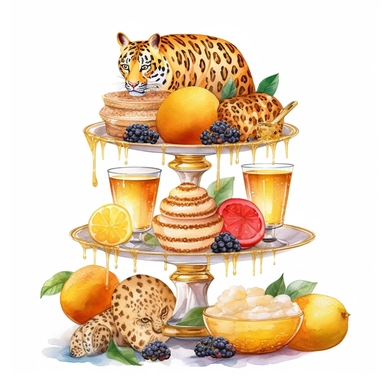 sweet colorful, gold, watercolor, honey Lemons Clipart, Macaroon,cupcake, variety of fruit juice drippin, on luxury stand, luxury Icon Set, with cheetah, detailed, isolated white background, hand painting , single design