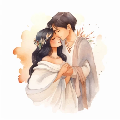 Asian bride and Indigenous groom, sharing a tender embrace, loving and serene, watercolor, Pixar style, Clipart on a white background.