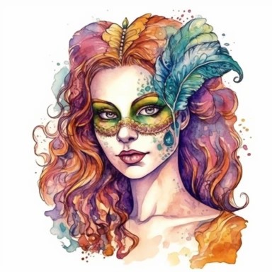 mardi gras, cute girl wearring carnival mask, kaluta art style, pen and ink watercolor clipart,isolated on white background