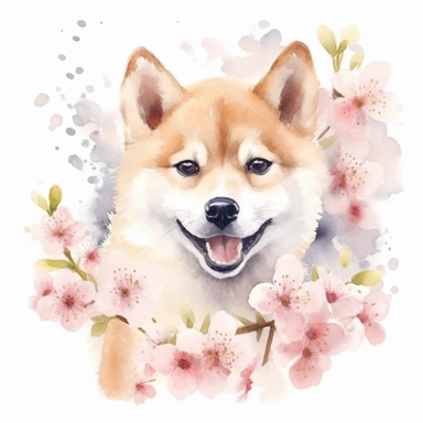 watercolor puppy dog shiba clipart , hight detail, cute, kawii , fresh Sakura, cheerful ,postcard