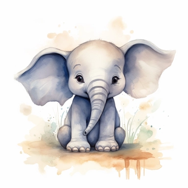 a watercolor painting of very cute and sweet baby elephant holds trunk up big ears, clipart with a some grasses sand and stone on the floor style of pixar