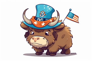 Cute bison buffalo in Independence Day clipart, cartoon, white background,