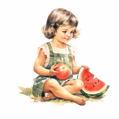 vintage adorable little girl eating watermelon, full body, pastel beige colors, clipart style, accurate details, watercolor technique, super high quality, professional watercolor clipart, high resolution