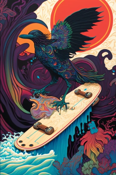 a painting of a standing cartoon Crow riding kanagawa wave on a longboard surfboard, behance contest winner, psychedelic art, paisley, beautiful waves in sea, james jean and clyde caldwell, clipart, hi - fructose art magazine, katherine lam, artgram, marc newsom, sovietwave,