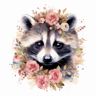 Nursery Print baby head raccoon flowers drawn in watercolor style, vector design, , Sublimation Clipart ,Cartoon,hyper realistic, intricate detail, illustration style,high solution,on the white background