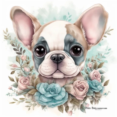 super cute newborn baby frenchie clipart with huge cute baby blue eyes happy smiling mouth painted in watercolor style, splashes, muted pastel blush pink and muted pastel sage green and muted pastel sage blue eucalyptus and peony flowers, white background jasmine becket griffith style hyper-realistic photorealistic hd