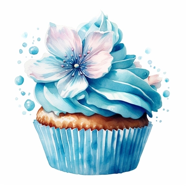 clipart of a delicious cupcake with light blue frosting, flowers, white background, watercolor, high details, crisp details
