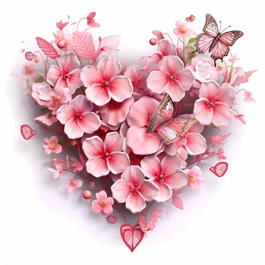 3D exceptionally beautiful pink flowers and butterflies in 3D, heart shaped, clipart, white background