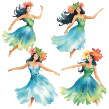 4 watercolor hawaiian hula dancer and flowers clipart, white background, spaced out, hd--v 5.1