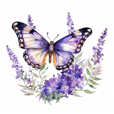 alcohol ink painting, a butterfly around lavender flowers, iconic, mystic symbolism, in the style of watercolor clipart, exceptionally detailed insect illustrations, animated gifs, animal motifs, organic material, clipart