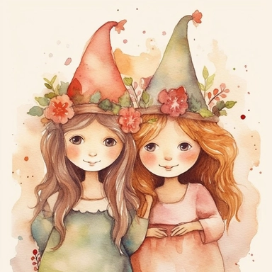 watercolour clipart, separate elements, Embark on a whimsical journey with Bells, Creamy, and Flowery - three young girls who weave wonders and magic from paper. Their artwork flourishes in the enchanting realm of watercolour, where every stroke tells a story. Meet Bells, the sweet and scatterbrained dreamer, with a great sense of humor. She immerses herself in the world of digital design, creating exquisite papers for scrapbook albums. Though she may often forget things, her delicate touch and 