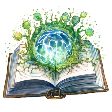 Solid white background, Detailed watercolor open ancient magic book that is encased in enchanted vines that form an alter for the open book to sit, greenblue northern lights glow from the book's pages, clipart. The visable pages of the book have sketched magic circles on them visibly