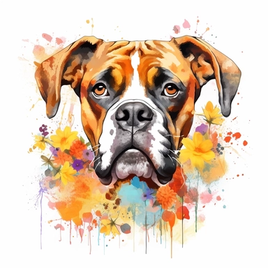 Clipart of a cute little boxer dog flowers full multicolor white background