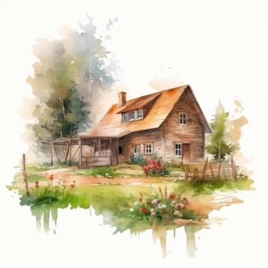 beautiful rustic watercolor farmhouse in the summer, clipart, digital art, concept, 4k
