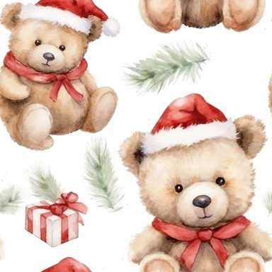 Seamless pattern, Watercolor realistic clipart, christmas teddy