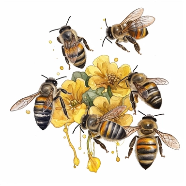 watercolor, A composition featuring multiple bees in various poses, each with pollen baskets on their hind legs, showcasing a diverse collection of pollen grains and highlighting the diverse pollination efforts of bees. (Digital drawing clipart, image black border color, full body, transparent background)