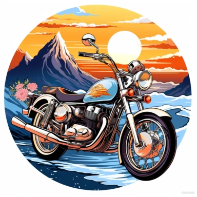 a sticker, A classic motorcycle from the 60s or 70s, with distinctive stylistic elements of that era in digital painting style , beautiful flowers, sunrise mountains and clouds , big sea waves, water splashes, white background, colorful fantasy flower sorround, highly detailed clean, vector image, photorealistic masterpiece, professional photography, realistic, flat white background, isometric, vibrant vector, clipart, illustration, realism, 4k, , cinematic, front view, white background