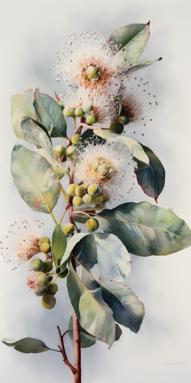 Watercolor Painting of SINGLE STEAM Eucalyptus FLOWER on white background beautiful multi - headed pale, Flora Design Patterns, Flemish Baroque by Rachel Ruysch, Behance, Rococo, Intricate Detailed, Soft Light Effect, Oil Paint Strokes, Light Academia Aesthetic Flowers, Lighting cinematic, all shown shimmering stamens, tyndall light, light effect, texture, colorful, 8k, fantasy, ray tracing, depth of field, vivid, spectacular lighting, octane rendering, highly detailed, ultra - realistic, white 