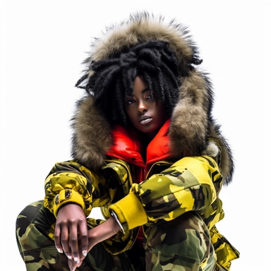 clipart Black woman model pose wearing red black green yellow army style camouflage fatigues fur hood sweat suit white background