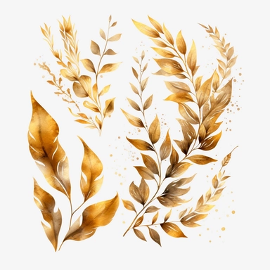 watercolor clipart gold leafs flashs tattoo, white background, realitic