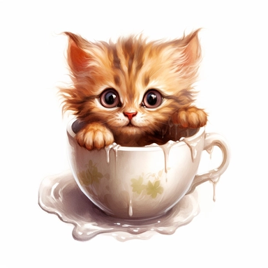 Imagine a curious clipart kitten with wide eyes and a raised paw, peering out from a teacup with a whimsical expression on a clean white background. 032