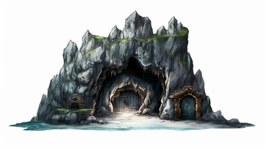 isolated images, illustrations on a white background, cave entrance , serene, dark fantasy ,Clipart, cartoon, realistic, isolated, full building, highly detailed, hdr, 32K, photo expert quality,game asset , hyperrealistic and highly detailed, isolated on a white background