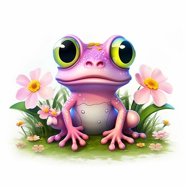 cute pink frog with big round eyes flowers, Illustration clipart, 4K, extremely detailed