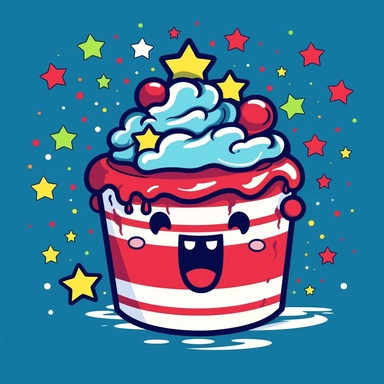 isolated flat clipart on a white background of a cute Fourth of July themed happy cartoon face cake throwing up a rainbow with stars on a blue background and red horizontal stripes tshirt design graphic, in the style of daniel f. gerhartz, transcendent, nikon d850, art of burma, captures the essence of nature, in the style of organic forms and patterns, expansive skies, hyper-detailed illustrations, i can't believe how beautiful this is, lively colors
