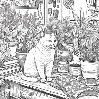 coloring pages, black and white, linework, clip art, labrythn puzzle sheet, game maze. Expression and active cat and mug. No physical abnormalities. Garden and space.--s 750
