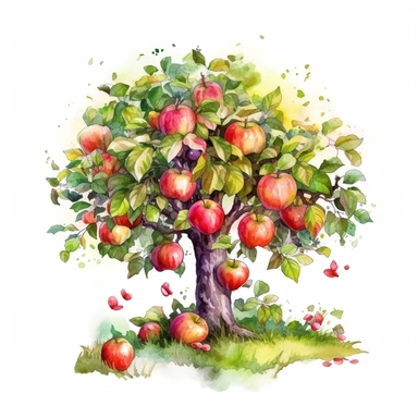 Small apple tree with fruits , Watercolor, pastels, clipart, beautiful, colourfull, png transparent white background