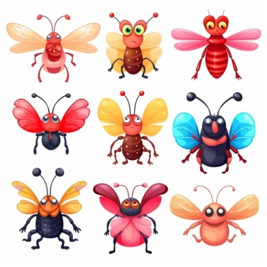 Cute Insects, set of clipart, cartoon style, isolated white background