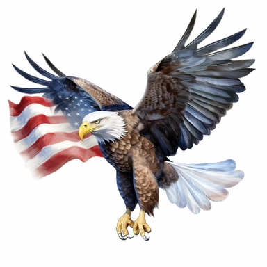 flying bald eagle with american flag in his talons, clip art, white background