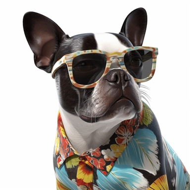 A hyper-realistic Boston Terrier dog wearing a stylish Hawaiian shirt and cool sunglasses, depicted on a white background in a clip art style. Cinematic, hyper-detailed and insanely detailed, the image is beautifully colored with the help of the Unreal Engine. The depth of field (DOF) effect enhances the visual impact, while the super resolution and high megapixel count ensure exceptional image quality. Lighting is rendered with cinematic precision, incorporating anti-aliasing techniques like FX