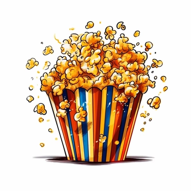 Clip art, png, A box of popcorn, with a few pieces popping out, in a fun, movie-style theme, moderately abstract, white background