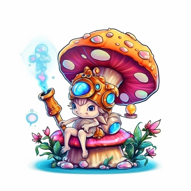 whimsical, cute, cartoon, clipart, caterpillar smoking a hookah sitting on a magic mushroom, sticker