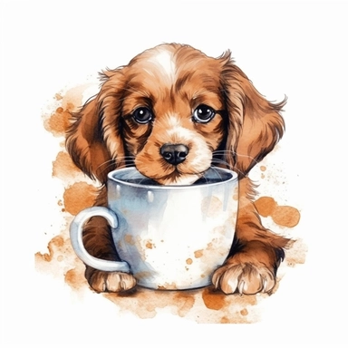 cute puppy holding coffee cup drawn in watercolor, vector design, cutout,Sublimation Clipart ,Cartoon,hyper realistic, intricate detail, illustration style,high solution,on the white background