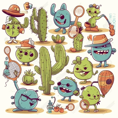 many cactus monsters with sports activities at the clip art