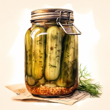Subject: Vintage Jar of Dill Pickles Medium: Watercolor Painting Background: White Camera Setup: Camera: DSLR Lens: Macro lens (e.g., Canon EF 100mm f/2.8L Macro IS USM) Aperture: f/4 ISO: 200 Shutter Speed: 1/60 sec White Balance: Daylight Lighting: Natural lighting from a large window on the left side of the subject Use a diffuser to soften the light and reduce harsh shadows Add a reflector on the right side to fill in any shadows Composition: Focus on the vintage jar of dill pickles as the ma