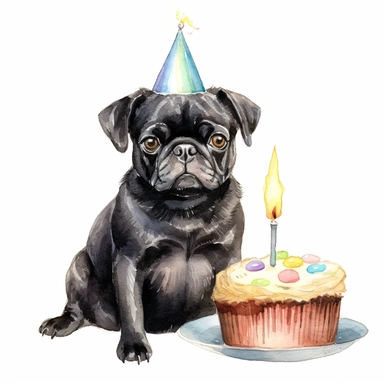 watercolor, clip art, a Black Pug Dog wearing a party hat and eating cake, birthday, happy face, isolated on a white background