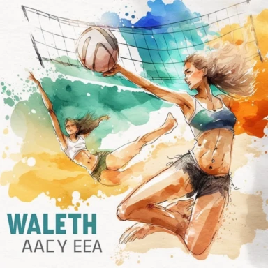 watercolor Beach Volleyball: Create cliparts of a beach volleyball net, ball, and players, capturing the energetic and competitive nature of beach volleyball games
