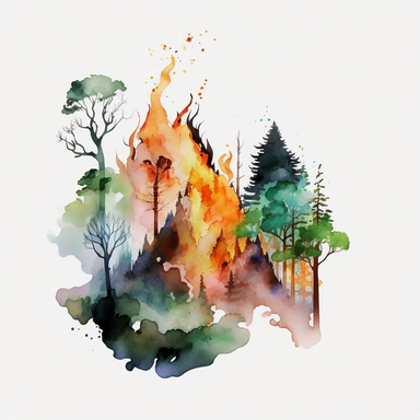 watercolor clipart by studio ghibli of forest fire white background