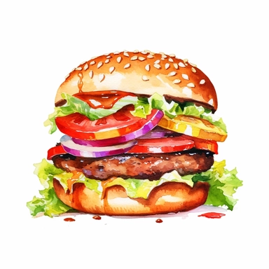 watercolored hamburger clipart, no text, white background