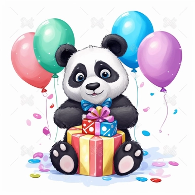 cute cartoon panda birthday illustration clipart, detailed, outline, white background, 4k, digital art, watercolor