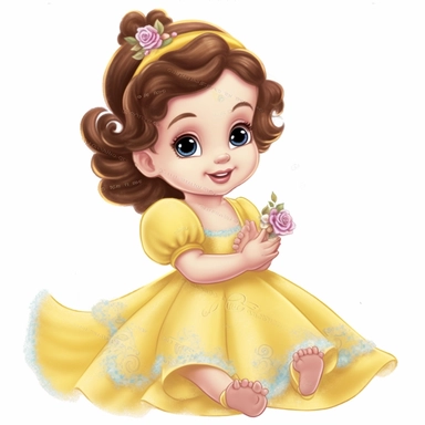 princess bella from beauty and the beast one year old baby cartoon pixar vector round delicate face her long hair crisp and detailed her delicate yellow dress with glitter sitting on her hands the character should be well drawn with soft tones a very crisp smile confident and one on the head lightly painted in watercolor the character is a one year old baby must be on a white background clipart