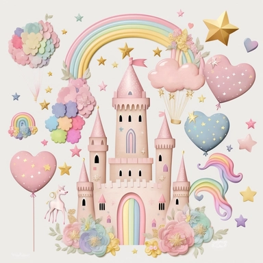 rainbow pastel princess castle, large rainbow, gold star, pink star, hearts, flowers, roses, plastercine, soft illustration light, clipart svg white background