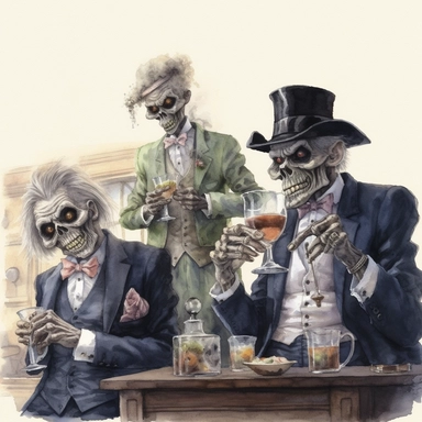 watercolor clip art of zombies dressed as business men and women at a halloween party drinking goolish cocktails, style jean baptiste monge