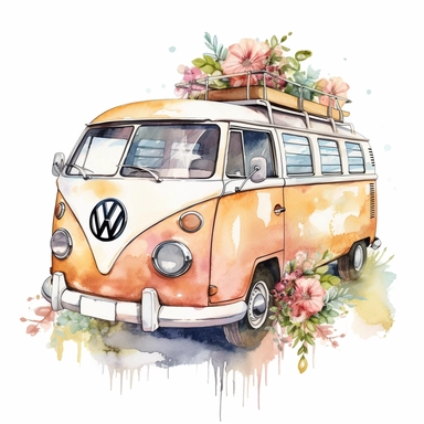 vw bus travel beach hauling flowers watercolor clip art white background